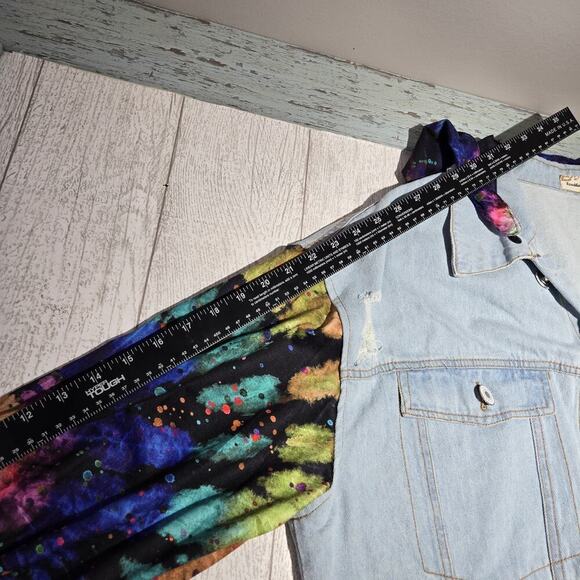 Upcycled Denim Cropped Jacket Thrashed Tie Dye Sleeves Detach Hood 50" Chest - Picture 13 of 13